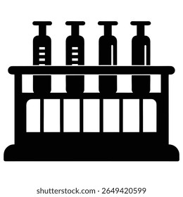 A solid black image shows a set of four filled test tubes in a holding rack, depicted as a simple, symmetrical design, in a vector format and transparent background.