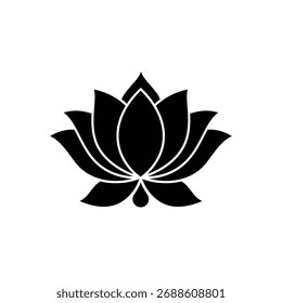 Silueta de flor de loto negro sólido con pétalos estilizados sobre un fondo blanco liso.