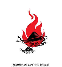 solid black mahi-mahi fish on fire, silhouette of fish and burning fire, vector illustrations