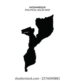 The solid black map highlights the political boundaries of Mozambique. This representation emphasizes the geographical shape and outline of the country on a plain background.