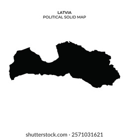 A solid black map outline showcases the political borders of Latvia. The representation highlights the unique shape of the country, emphasizing its geographical context in Europe.