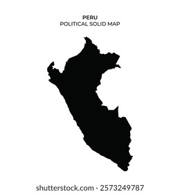 A solid black map outline showcases the political boundaries of Peru, emphasizing the countrys shape and geography on a blank background for clarity.