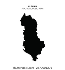 A solid black map outlines the geographical shape of Albania, highlighting its borders and topographical features. This representation emphasizes the countrys political boundaries.