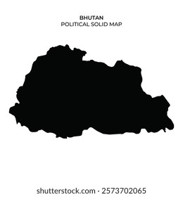 A solid black map outlines the political boundaries of Bhutan, highlighting its unique shape and geographic features. This representation emphasizes Bhutans distinct location in South Asia.