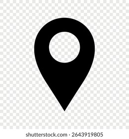 Solid black map pin icon on transparent background. Ideal for web apps, UI UX, navigation tools, infographics, GPS apps, and location-based services. Perfect for developers and designers.