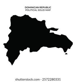 A solid black map shows the outline of the Dominican Republic, emphasizing its shape and political boundaries. The design is simple and focused on geographic representation.