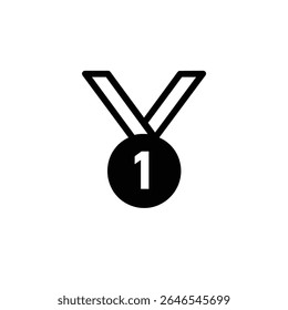 Una medalla negra sólida con el número '1' en el espacio negativo, colgando de una cinta. Icono de glifo para un campeón.