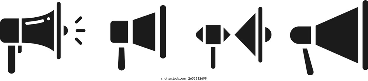 Solid black megaphone icon set in flat style, filled loudspeaker illustrations for alert, broadcast, promotion and audio communication purposes