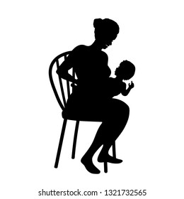 Solid black mom and baby silhouette. Mother is sitting on chair taking care of child. Baby is laying on moms laps for breastfeeding. Vector illustration in EPS 10 format isolated on white background