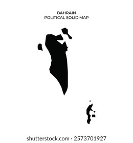 A solid black outline of Bahrains political map is presented on a white background. The map highlights the countrys unique shape and geographic features without additional details or colors.