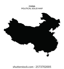 A solid black outline of the geographical shape of China. This representation showcases the distinct political boundaries and features of the country.