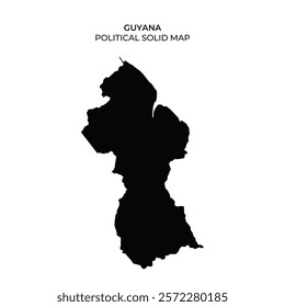 A solid black outline of Guyana represents its political boundaries and regions. The map highlights the distinctive shape of the country located in South America.