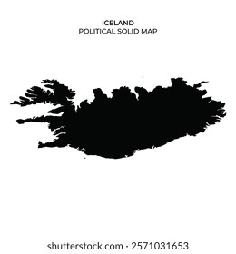 A solid black outline of Iceland presents its political boundaries distinctively. The shape emphasizes various regions, showcasing the island’s unique geography and features.