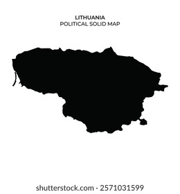 A solid black outline of Lithuania is displayed on a plain white background. This representation highlights the countrys shape without any additional details or colors.