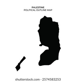 A solid black outline map depicting the political boundaries of Palestine. The map showcases key geographical features and represents the regions disputed territories.