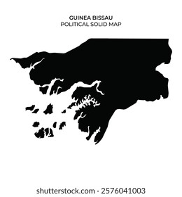 A solid black outline map showcasing the political boundaries of Guinea Bissau. This map includes the mainland and islands in a simplified design for educational purposes.