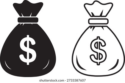 Esboço preto e sólido de uma bolsa de dinheiro com um símbolo de símbolo de dólar em um fundo branco