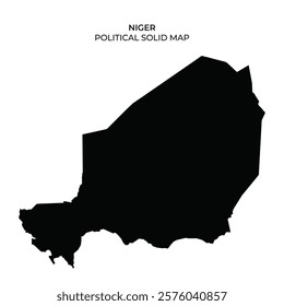 A solid black outline of Nigers political map displays its geographical boundaries. This visual representation highlights various regions without additional details.