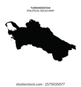 The solid black outline of Turkmenistan is presented against a white background, detailing the countrys geographic shape and borders without additional features.