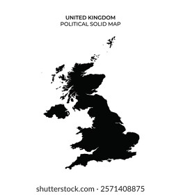 A solid black outline of the United Kingdom highlights its political boundaries. This representation emphasizes the distinct shapes of England, Scotland, Wales, and Northern Ireland.