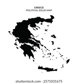 A solid black political map of Greece highlights its geographic shape and borders. The map presents the mainland and surrounding islands in a minimalist design, useful for educational purposes.