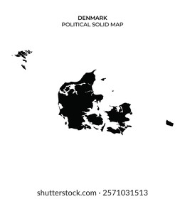 A solid black political map highlights the distinct outline of Denmark, showcasing the countrys shape and geographical features without colors or labels.