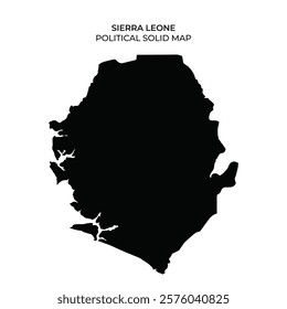 A solid black political map of Sierra Leone outlines the countrys shape. The design features a minimalist approach, showcasing the coastline and internal borders clearly.