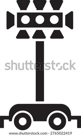 Solid black of a portable light tower with a rectangular lamp array, vertical mast, and a wheeled base with two wheels
