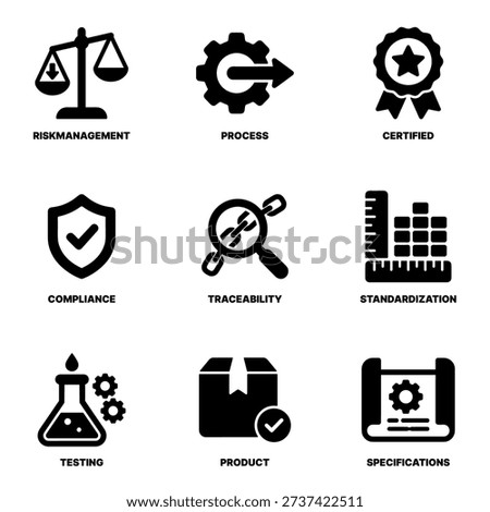 Solid Black Quality Assurance and Standard Practices Icon Set and Pictograms