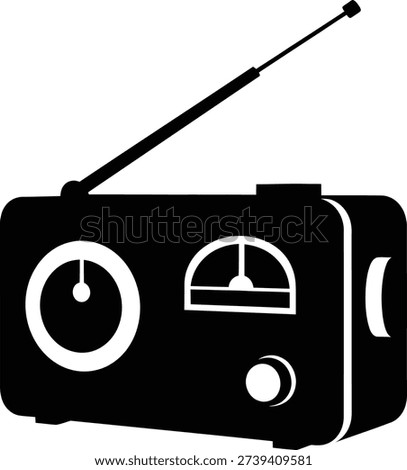 A solid black radio icon with no outlines gradients or shadows The design features a rectangular radio body with a visible tuning dial on the left side characterized by a centered circular cutout with a smaller circle and an indicator line inside A smaller arched cutout is positioned in the upper middle area with a horizontal line extending from its base Below the arched cutout is a round button An antenna extends from the top left at an angle tapering slightly towards its end A simple parenthesis shape is visible on the right side The icon is centered on a 1 1 square layout featuring balanced negative space and sharp edges with rounded corners where visible