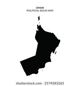 A solid black representation of Oman showcasing its geographical outline without internal details. Ideal for educational contexts or geographical discussions.