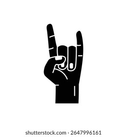 Solid black "rock on" hand gesture icon, perfect for music, celebration, or energetic themes.