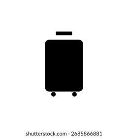 Maleta lisa negra o ícono de equipaje de viaje con ruedas y un asa retráctil, que simboliza el Reclamo de viajes, vacaciones, aeropuertos y equipaje en una silueta de Vector simple.