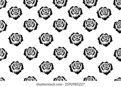 Solid Black Rose Seamless Vector Pattern on White Background