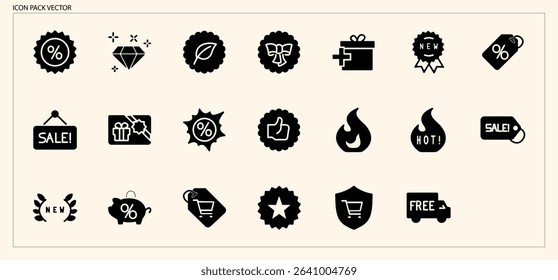Solid Black Sales and Discount Promotion Icons for E-commerce Marketing