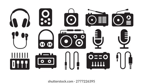Solid black shapes of vintage radios, cassette players, microphones, headphones, audio cables, mixing desk.