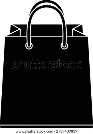 A solid black shopping bag icon in a 1 1 square layout The bags main body is a vertically aligned rectangle with rounded bottom corners Two semi circular handles extend upwards attached to the bag with small circles The top edge features two triangular flaps folded inward indicating the bags opening The composition is centered with even padding around the bag set against a white background The style is flat and monochrome with no shadows or gradients Clean silhouette and balanced negative space are present No stroke is visible but bottom edge is rounded