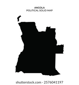 A solid black silhouette of Angola is presented against a white background. The map outlines the countrys distinct shape, highlighting its geographical features.