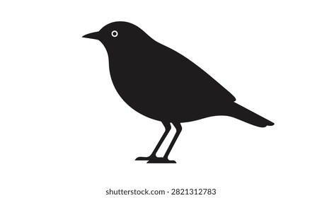 Solid black silhouette of a blackbird standing with a visible white eye isolated on a plain white background.