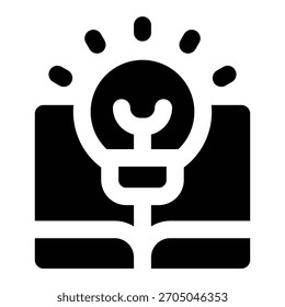 Solid black silhouette of a book with a light bulb, suitable for education concepts and learning materials.