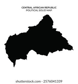 A solid black silhouette of the Central African Republic shows its political borders. This representation emphasizes the countrys geographic shape and area without details.