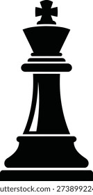 A solid black silhouette of a chess king piece stands centered against a stark white background. The iconic shape features a base, a cylindrical body, a collar, and a distinctive crown topped with a cross.