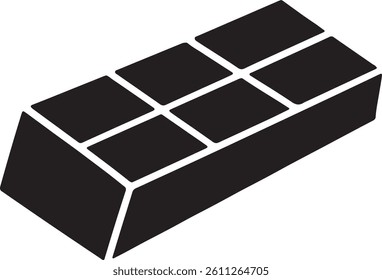 A solid black silhouette of a chocolate bar, divided into squares.