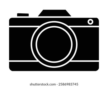 Solid Black Silhouette of a Classic Film Camera with Visible Lens, Flash Mount, and Rectangular Body, Centered on a White Background.