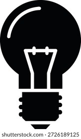 Eine solide schwarze Silhouette einer klassischen Glühlampe ist auf weißem Hintergrund zentriert. Die Glühbirne verfügt über eine abgerundete Glasplatte und einen mit Gewinde versehenen Metallboden.