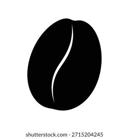 A solid black silhouette of a coffee bean with a white curved line representing its split on a white background.