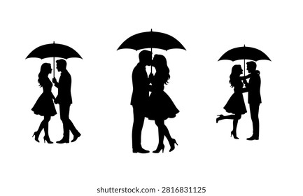 Solid black silhouette collection of romantic couples standing under an umbrella