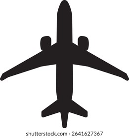 A solid black silhouette of a commercial jet airplane viewed from above. The minimal, bold design is perfect for use in travel icons, aviation logos, airport signage, or infographic illustrations. The