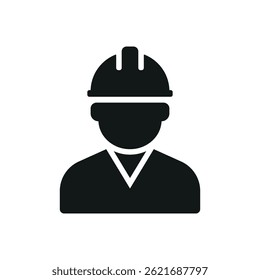 Solid black silhouette of a construction worker wearing a hard hat. Simple, minimalist design suitable for safety signage, labor icons, construction websites, or engineering related graphics.
