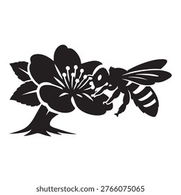 A solid black silhouette depicting a bee pollinating an apple blossom in close interaction. The bee’s wings, body, and antennae are detailed in minimal form as it reaches into the flower’s stamens, symbolizing the natural process of pollination. The apple flower features five petals and subtle leaf accents, creating a balanced composition on a white background. This design captures the essence of ecological harmony — ideal for environmental branding, botanical education, and nature‑inspired artwork.